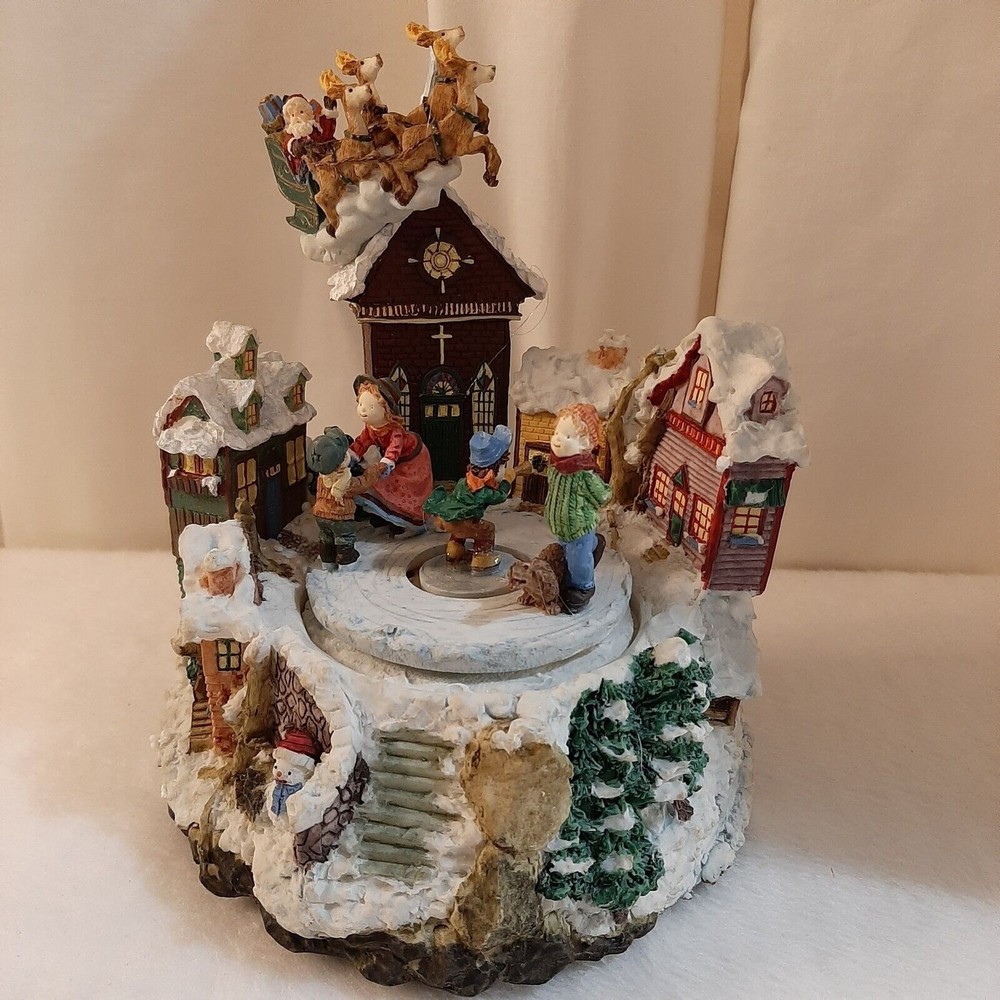 Vintage Berkeley Designs Ceramic Moving Santa's Coming To Town Music Box Village